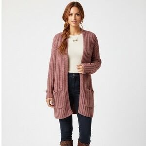 Moral Fiber Cardigan Womens M Pink Open Front Chenille Cozy Minimalist Slouchy